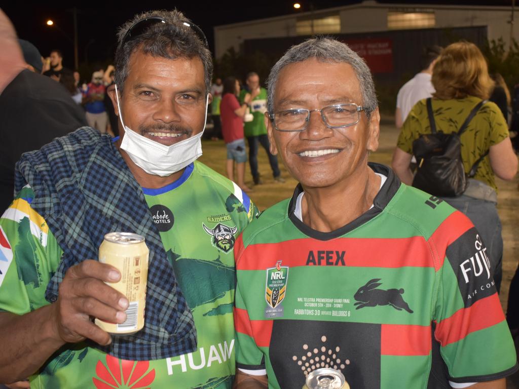 <p>Vince Dorante (left) and Whare Herewini in the crowd at the New Zealand Warriors v Canberra Raiders at BB Print Stadium in Mackay, August 27, 2021. Picture: Matthew Forrest</p>