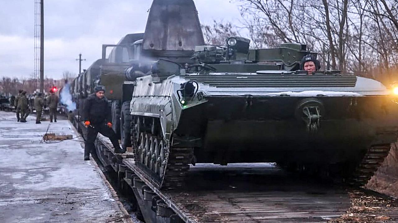 A Russian troop train transporting military vehicles arriving for drills in Belarus, against the backdrop of tensions between the West and Russia over neighbouring Ukraine. Picture: Belarus Ministry of Defence/AFP