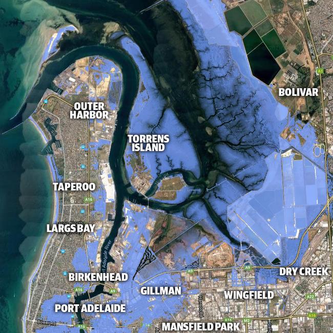 Port Adelaide flood map: The blue represents the areas prone to flooding in the year 2100, based on current high tide levels plus 74cms of sea level rise. Picture: UniSA