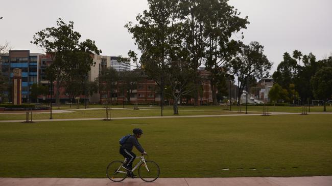 A person cycles along a street on July 10, 2021 in Sydney, Australia. Lockdown restrictions have been tightened across NSW as Covid-19 cases continue to emerge in the community. Picture: Getty Images