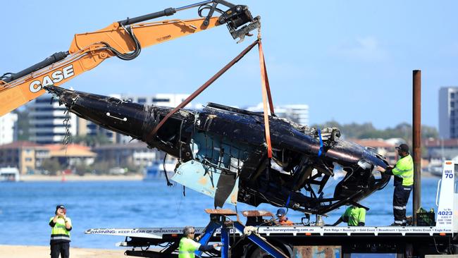 The wreckage of the helicopter in which four people died. Picture: Scott Powick