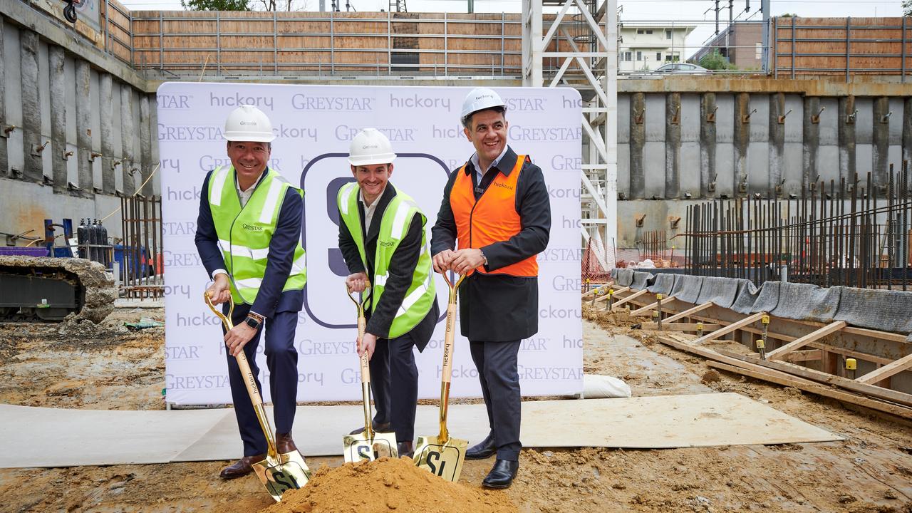 From left: Greystar’s Chris Key and Sean Ryan, with Hickory’s George Abrham, turning the first sod at the build-to-rent project in South Yarra.