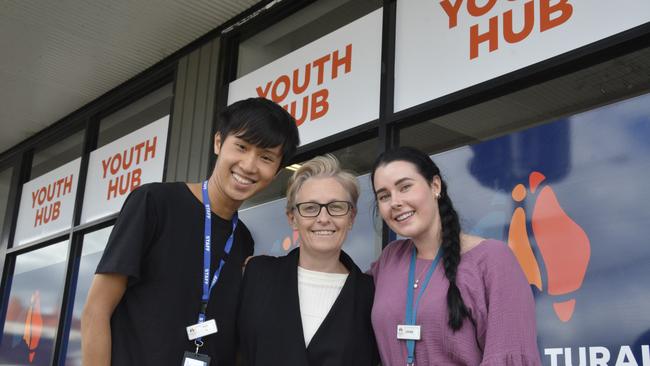 Standing outside the new Multicultural Australia youth hub are (from left) Prince Lo, Kelly Buckingham and Lainie Zischke.