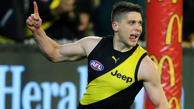 Dion Prestia celebrates a goal against Geelong. Picture: Mark Stewart