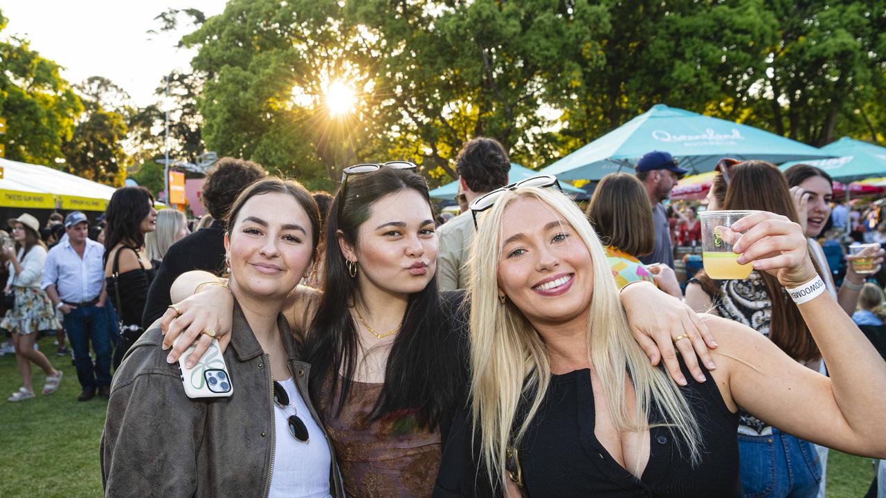 At Toowoomba Carnival of Flowers Festival of Food and Wine are (from left) Grace Goodman, Georgia Kelly and Abbey Granzien, Saturday, September 14, 2024. Picture: Kevin Farmer