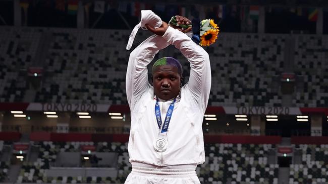 TOKYO, JAPAN - AUGUST 01: (L-R) Silver medalist Raven Saunders of Team United States, gold medalist Lijiao Gong of Team China and bronze medalist Valerie Adams of Team New Zealand pose with their medals during the medal ceremony for the Women's Shot Put on day nine of the Tokyo 2020 Olympic Games at Olympic Stadium on August 01, 2021 in Tokyo, Japan. (Photo by Ryan Pierse/Getty Images)