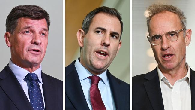 While Jim Chalmers, centre, and Nick McKim, right, secured a deal on the RBA reform, Angus Taylor, left, opposed the changes. Picture: Martin Ollman//NewsWire