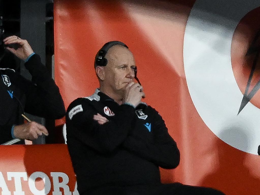 ADELAIDE, AUSTRALIA - SEPTEMBER 05: Ken Hinkley, Senior Coach of the Power during the AFL Second Qualifying Final match between Port Adelaide Power and Geelong Cats at Adelaide Oval, on September 05, 2024, in Adelaide, Australia. (Photo by Mark Brake/Getty Images)