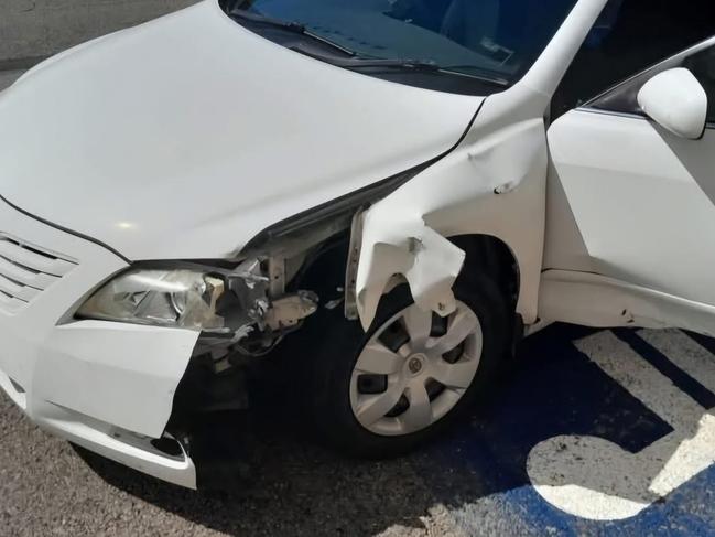 A motorist's damaged car after it was driven into a pole while a man was allegedly attempting to carjack him in West End. Picture: Facebook