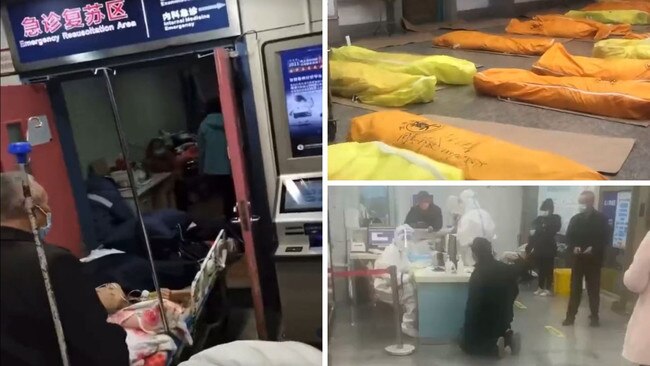 Clockwise from top left: An emergency resuscitation room overflows with patients, bodies piled up in a morgue, a man begs with hospital staff to help his child who has a high fever. Picture: Twitter