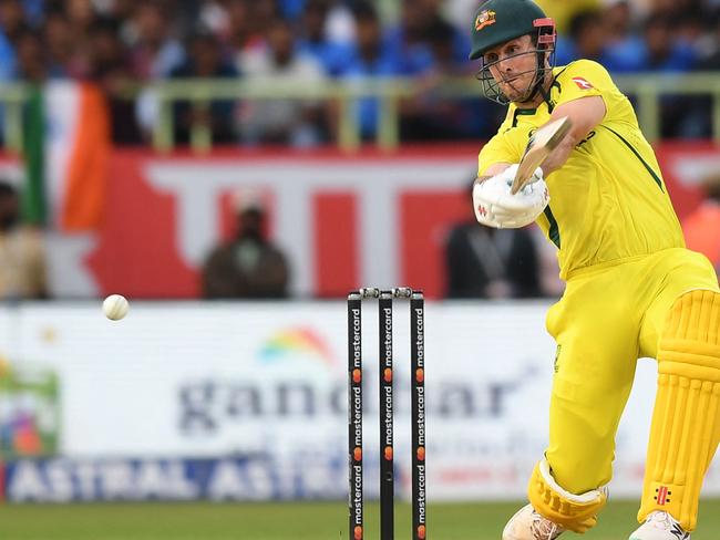 Australia's Mitchell Marsh plays a shot during the second one-day international (ODI) cricket match between India and Australia at the Y.S. Rajasekhara Reddy Cricket Stadium in Visakhapatnam on March 19, 2023. (Photo by Noah SEELAM / AFP) / GETTYOUT / IMAGE RESTRICTED TO EDITORIAL USE - STRICTLY NO COMMERCIAL USE