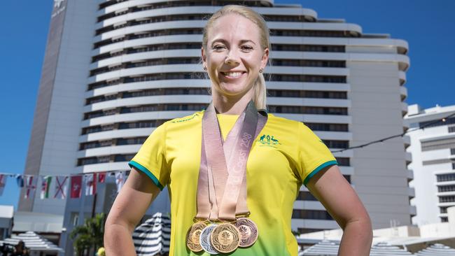 McCulloch with her medal haul from the Comm Games. She says her performances on the Gold Coast vindicated her decision to take aim at the Tokyo Olympics.