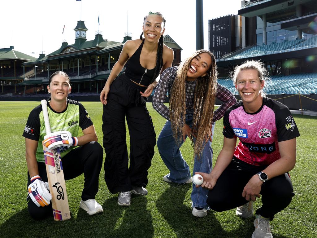 WBBL players Taneale Peschel, of Sydney Thunder, and Mathilda Carmichael, of Sydney Sixers, meet Kinder's Briony and Savannah at the SCG. Kinder will perform at the WBBL Stadium matches this summer. Picture: Phil Hillyard