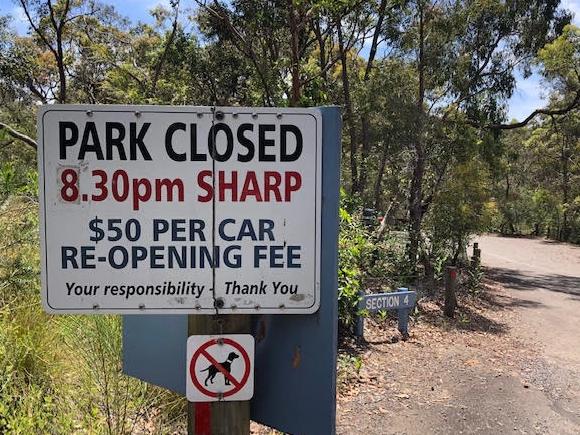 No after-dark partying allowed — a sign at the damaged Section 4 picnic area at Manly Dam. Picture: Jim O'Rourke