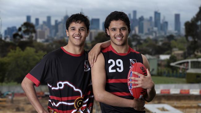 MELBOURNE, AUSTRALIA - NewsWire Photos OCTOBER 12, 2022:  Twins Alwyn Junior and Jayden Davey. Sons of former footballer  Alwyn Davey Sr. The indigenous twins may be drafted to Essendon under the father son rule in next few weeks Picture: NCA NewsWire / David Geraghty