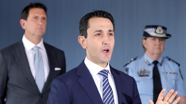 Premier David Crisafulli with Police Minister Dan Purdie and Deputy Commissioner Cheryl Scanlon at the Upper Mount Gravatt Police Station. Picture: Steve Pohlner
