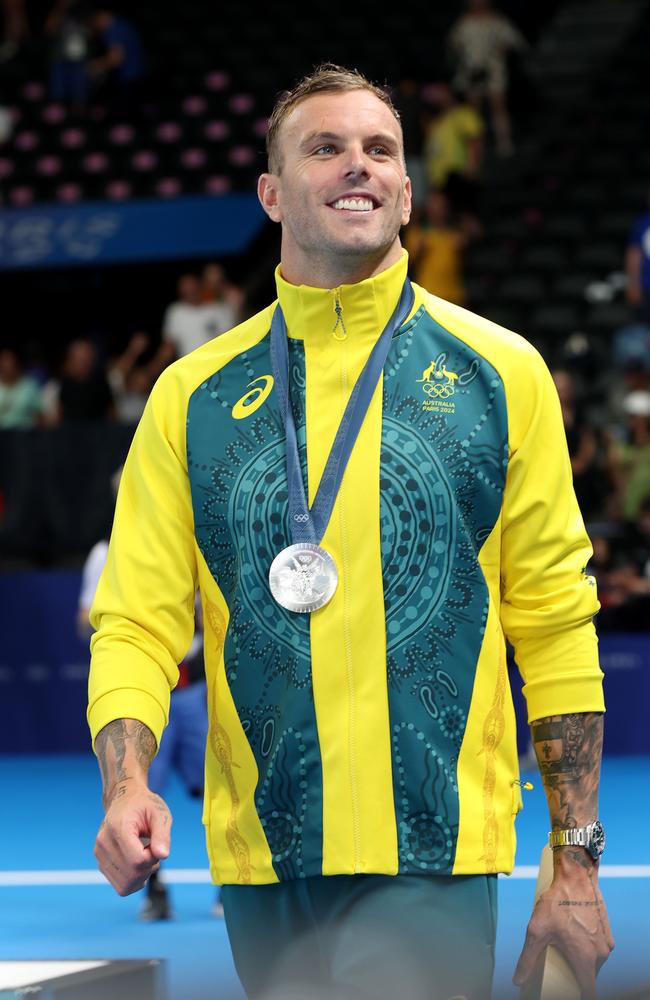 Kyle Chalmers celebrates his silver medal. Picture: Adam Head