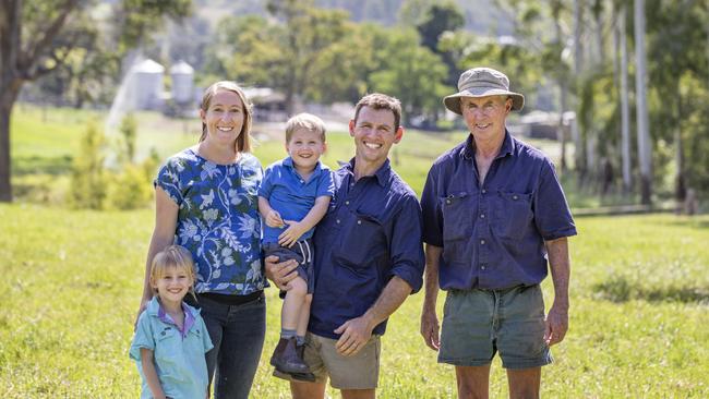 James McRae on Raelands Farm Barrington NSW with his wife Lauren and their children, Hannah, 5 and Roy, 3. His father, Chris, is also involved in the farm. Picture: Dallas Kilponen