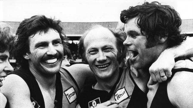 Kevin Bartlett with Mick Malthouse and Francis Bourke after winning the 1980 VFL Grand Final.