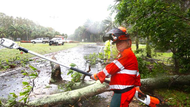 SES volunteer George Dellicompagni clears a fallen tree branch from Port Douglas Rd. Picture: Peter Carruthers