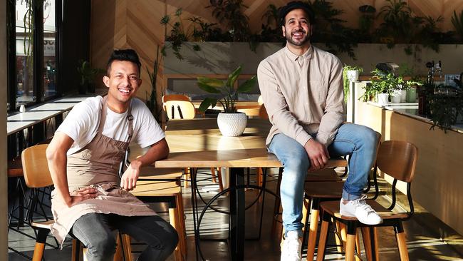 Chef Bipin Giri with owner Con Vailas of Born in Brunswick in North Hobart, which is going to stick to his current takeaway plan regardless of restrictions on cafes and restaurants being eased this week. Picture: NIKKI DAVIS-JONES