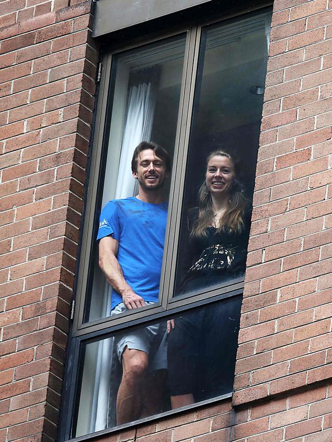 Tennis player John Millman and his girlfriend Fi in the Sofitel Wentworth Hotel in quarantine. Picture: Jane Dempster