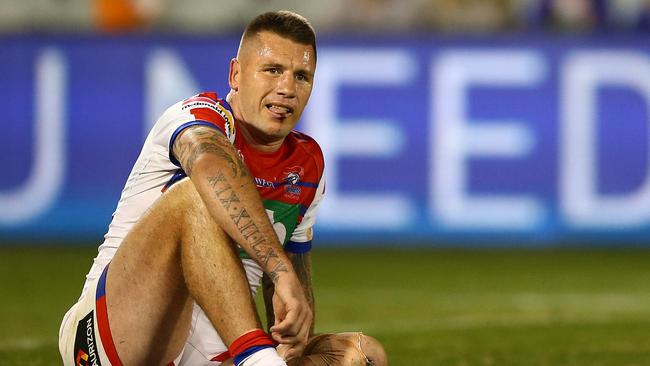 SYDNEY, AUSTRALIA - AUGUST 24: Shaun Kenny-Dowall of the Knights reacts after losing the round 23 NRL match between the Wests Tigers and the Newcastle Knights at Campbelltown Stadium on August 24, 2019 in Sydney, Australia. (Photo by Matt Blyth/Getty Images)