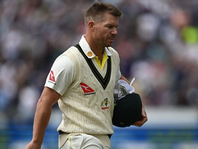 David Warner trudges off after being dismissed during the Leeds Test. Picture: Paul Ellis.