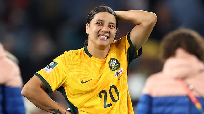 SYDNEY, AUSTRALIA - AUGUST 16: Sam Kerr of Australia looks dejected after the team's 1-3 defeat and elimination from the tournament following the FIFA Women's World Cup Australia &amp; New Zealand 2023 Semi Final match between Australia and England at Stadium Australia on August 16, 2023 in Sydney, Australia. (Photo by Brendon Thorne/Getty Images)