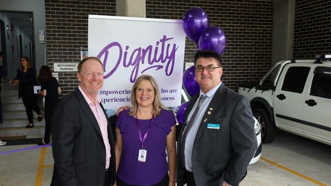 Kieron Ritchard Dignity Chair, Suzanne Hopman Dignity CEO, Campbelltown Deputy Mayor at the opening of the new units.