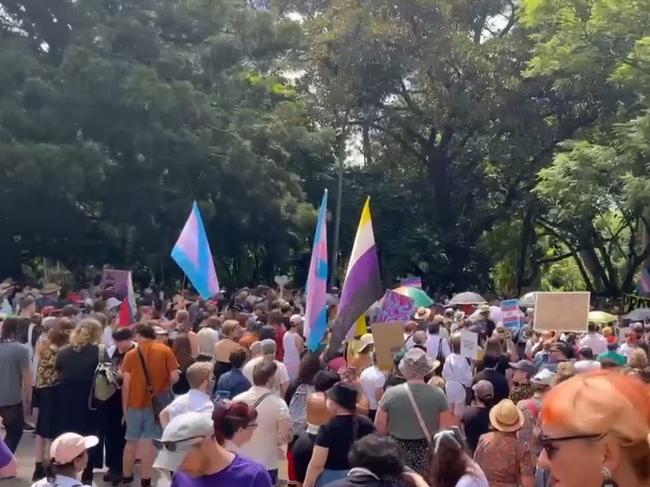 Hundreds gather to protest the government's ban on gender hormones.