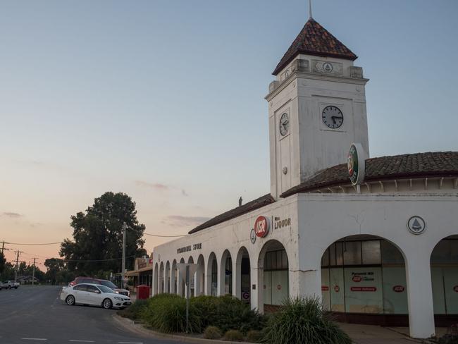 The crumbling facade of the Pyramid Hill IGA building suggests a prosperity that has ebbed away from the town. Picture: Jamie Duncan