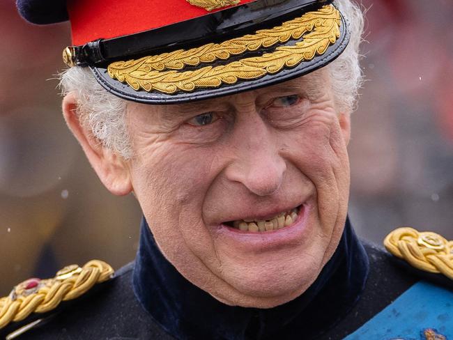 Britain's King Charles III inspects graduating officer cadets march during the 200th Sovereign's Parade at the Royal Military Academy, Sandhurst, southwest of London on April 14, 2023. (Photo by Dan Kitwood / POOL / AFP)