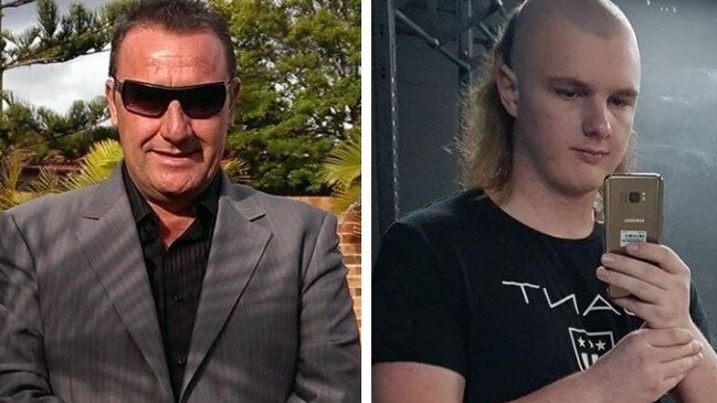 Father and son from Gosford, Mark and Kyle Burkett, have been charged over a violent home invasion in Hawks Nest where two men were stabbed.