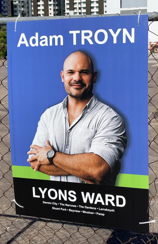 Adam Troyn has put up several corflutes around the Darwin region, revealing his intentions to run for the Lyons Ward by-election. Picture: Annabel Bowles