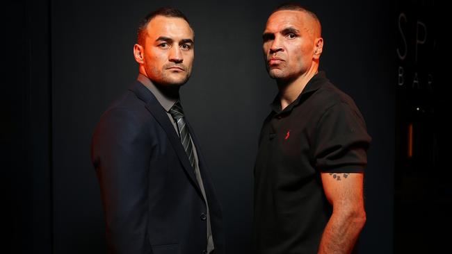 Tommy Browne and Anthony Mundine square off ahead of the fight. Picture: Richard Dobson