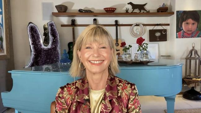 Olivia Newton-John happy at her California horse ranch home. Picture: Supplied