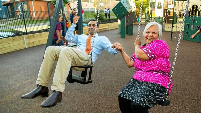 The new playground at Wongala Community Village: Pictured are elder Aunty Jenny Skinner with Member for Coffs Harbour Gurmesh Singh. Picture: TREVOR VEALE