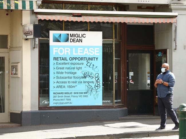 A store on Lygon Street Carlton with a for lease sign. Picture: Getty Images.