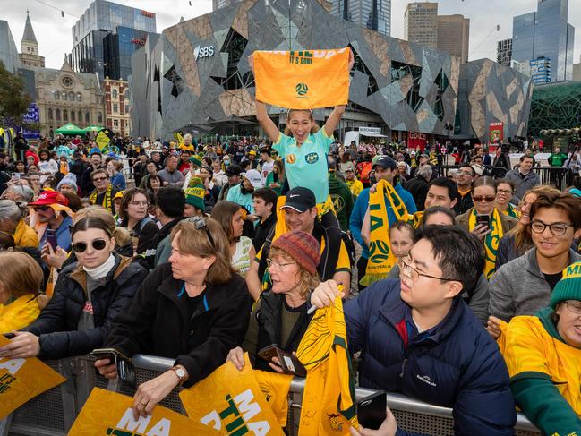 COMMBANK Matildas FIFA Womens World Cup 2023 Squad presentation at Federation Square. Hundreds of fans turn out in their green and gold to support the players ahead of the World Cup. Picture: Jason Edwards