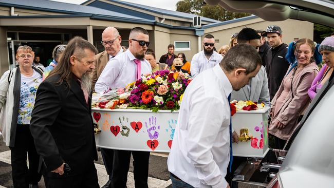 The coffin being carried out at Charlie's Funeral at Fulham Funerals, on August 25th, 2022, at Elizabeth East. Picture: Tom Huntley