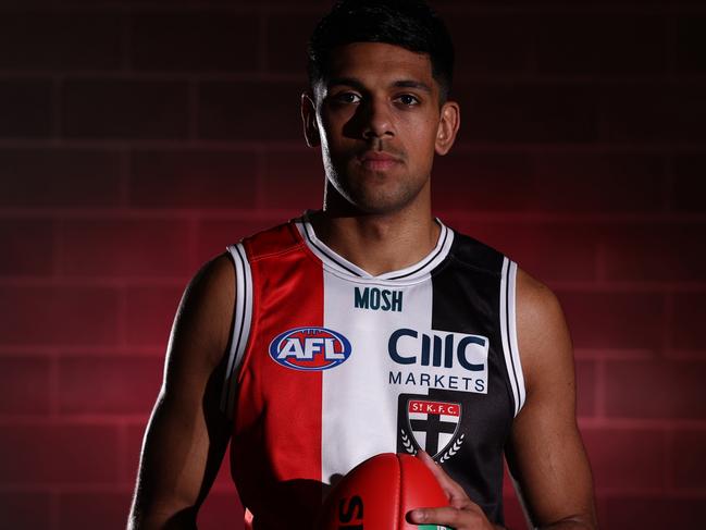 MELBOURNE, AUSTRALIA - AUGUST 31: Nasiah Wanganeen-Milera of the Saints poses during a St Kilda Saints AFL media session at RSEA Park on August 31, 2023 in Melbourne, Australia. (Photo by Robert Cianflone/Getty Images)