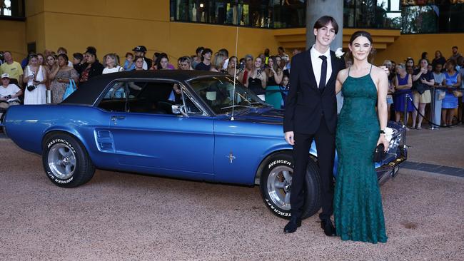 Maison Butcher and Breanna Preston arrive at the Trinity Bay High School formal evening, held at the Cairns Convention Centre. Picture: Brendan Radke
