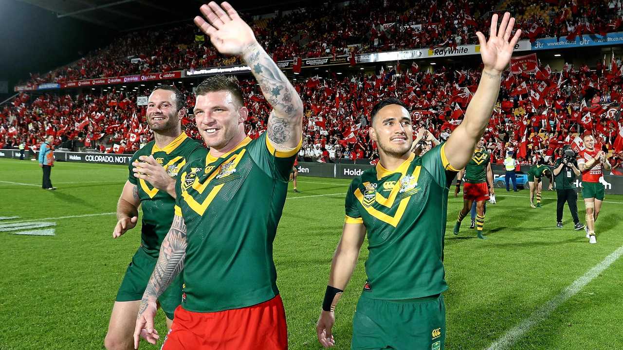 (L-R) Captain Boyd Cordner, Josh McGuire and Valentine Holmes of Australia acknowledge the crowd following the Rugby League Test match between the Australia Kangaroos and the Tonga Mate Ma'a at Mt Smart Stadium in Auckland, New Zealand, Saturday, October 20, 2018. Picture: DAVID ROWLAND/AAP PHOTOS