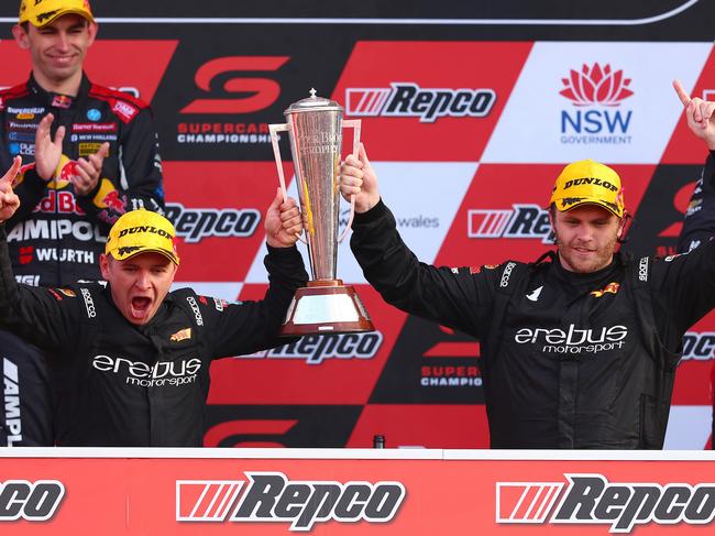 BATHURST, AUSTRALIA - OCTOBER 13: Brodie Kostecki and Todd Hazelwood, drivers of the Erebus Motorsport Chevrolet Camaro celebrate winning the Peter Brock Trophy following during the Bathurst 1000, part of the 2024 Supercars Championship Series at Mount Panorama, on October 13, 2024 in Bathurst, Australia. (Photo by Morgan Hancock/Getty Images)