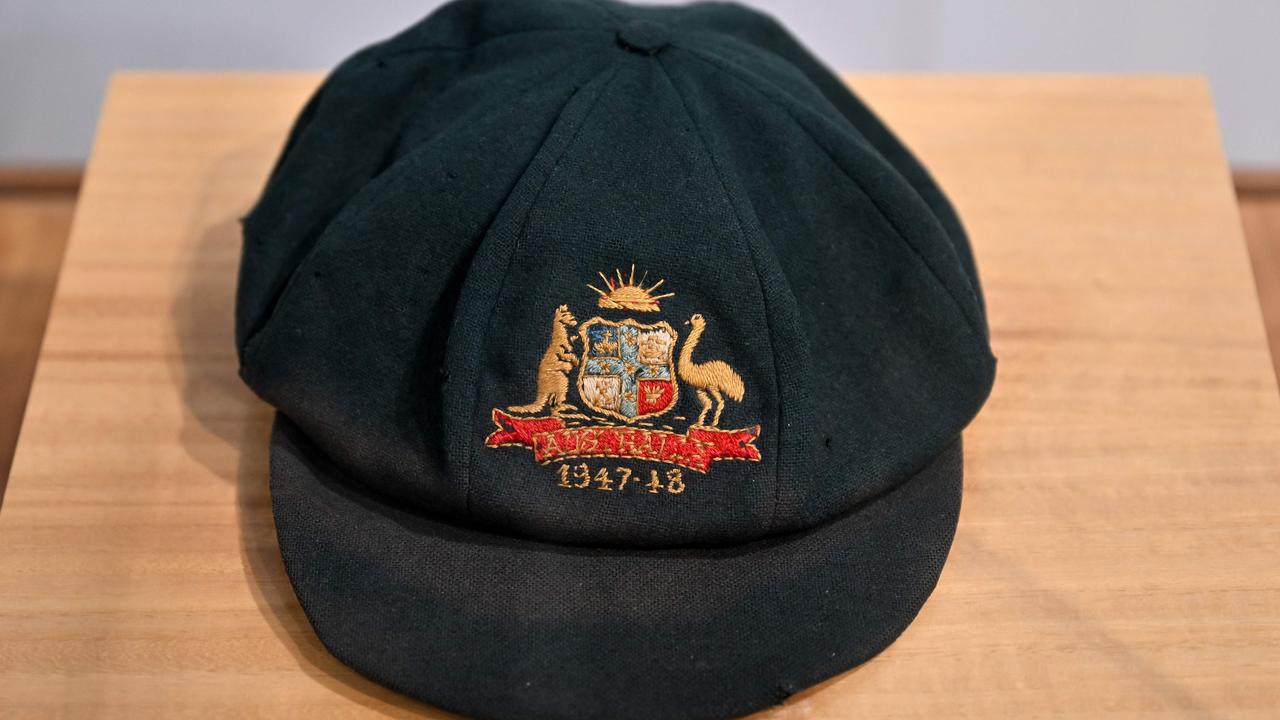 Bradman’s baggy green sold for $390,000 at auction. Picture: Saeed Khan/AFP