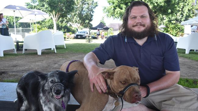 Ipswich 2023 Dog Day at Nicholas Street Precinct pictured is Russell Kay with dogs Arlow and Panda