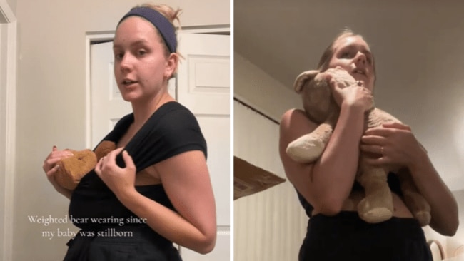 After her stillbirth, Cora now wears a weighted bear for comfort. Source: TikTok