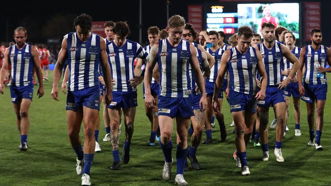 HOBART, AUSTRALIA - MAY 18: The Kangaroos look dejected after they were defeated by the Swans during the round nine AFL match between the North Melbourne Kangaroos and the Sydney Swans at Blundstone Arena on May 18, 2019 in Hobart, Australia. (Photo by Robert Cianflone/Getty Images)