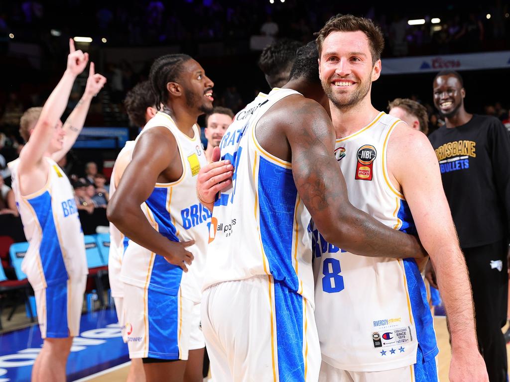 Casey Prather, Mitch Norton and the Brisbane Bullets celebrated and unlikely win over Adelaide. Picture: Getty Images